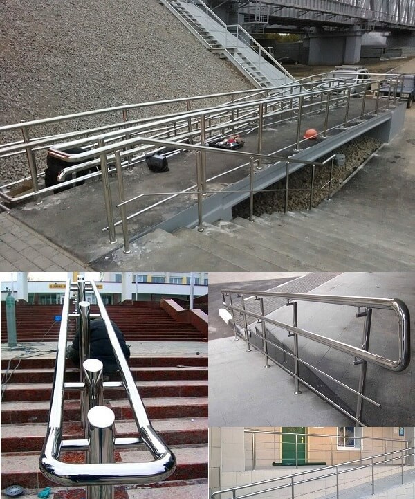 Поручни, ограждения и перила для пандусов инвалидов из нержавеющей стали.